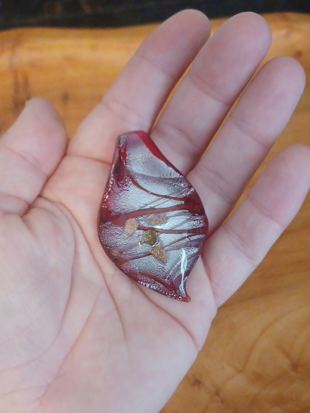 Vintage Murano Art Glass Leaf Pendant Red Silver Foil Aventurine 2.25" Slide